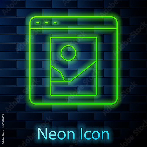 Glowing neon line Photo retouching icon isolated on brick wall background. Photographer, photography, retouch icon. Vector