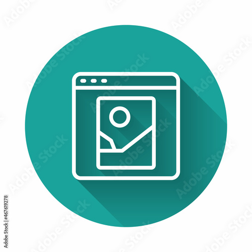 White line Photo retouching icon isolated with long shadow background. Photographer, photography, retouch icon. Green circle button. Vector