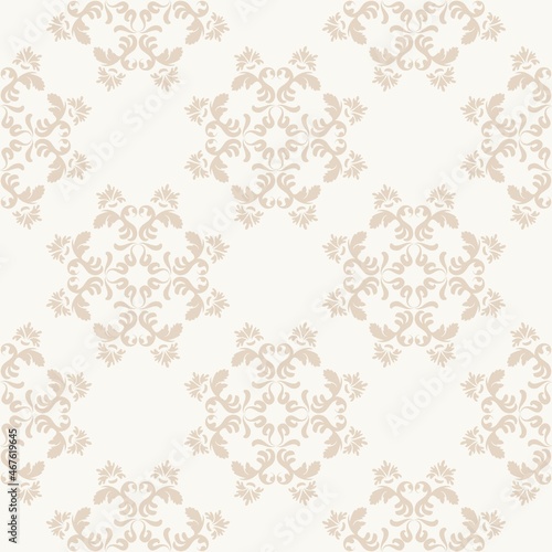 Damask pattern with circular pattern of plant elements. Beige color. Seamless vector background. For textiles wallpaper tiles or packaging.