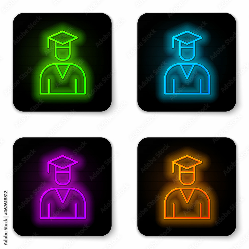 Glowing neon line Graduate and graduation cap icon isolated on white background. Black square button. Vector Glowing neon line Graduate and graduation cap icon isolated on white background. Black square button. Vector