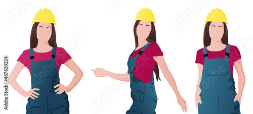 Young woman wears a blue overall and yellow helmet. Vector flat-style illustrations set isolated on white. Eps10