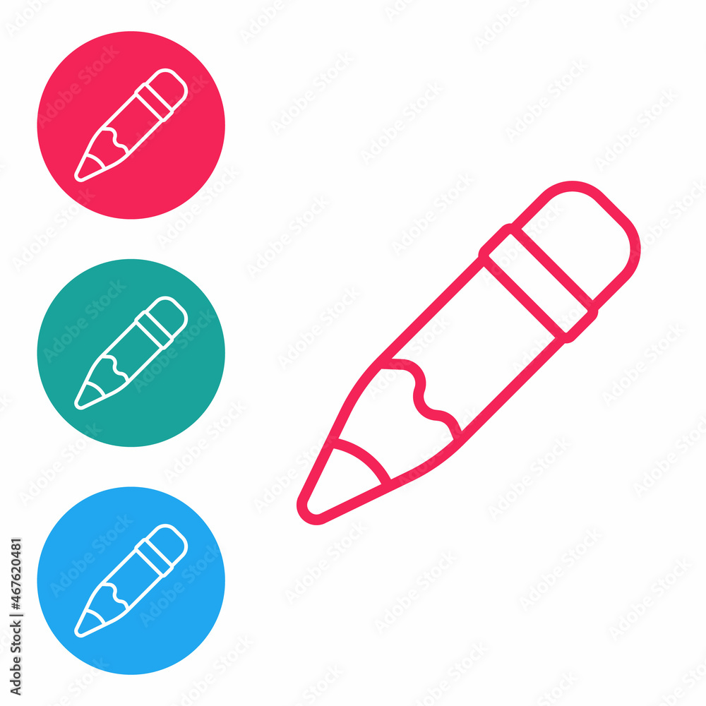Red line Pencil with eraser icon isolated on white background. Drawing and educational tools. School office symbol. Set icons in circle buttons. Vector Red line Pencil with eraser icon isolated on white background. Drawing and educational tools. School office symbol. Set icons in circle buttons. Vector