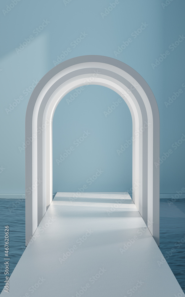Water and arched door in the empty room, 3d rendering.