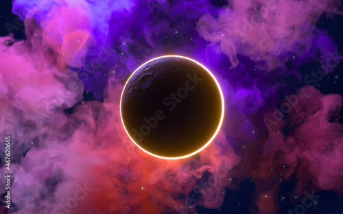 Nebulae and planet, 3d rendering.