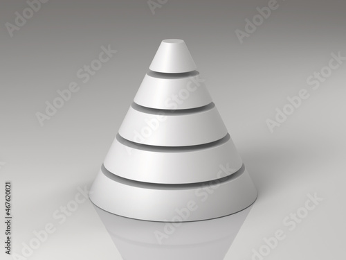 3d rendering of a white conceptual cone subdivided in five layers for graphs and infographics photo