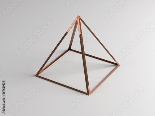3d rendering of a square-based empty copper wireframe pyramid made from metal profiles