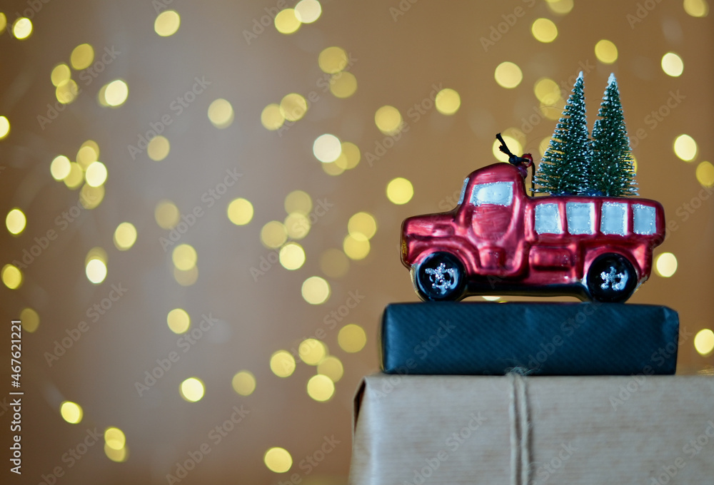  Nice Christmas background decorated with gifts, vintage car and background lights for product decoration or congratulation montage.