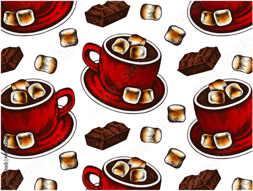 Outline drawing pattern of red cup with hot chocolate and roasted marshmallows isolated on white background. Sweet winter drink. Sketch drawn Christmas wallpaper. Cocoa, cacao mug.Vector illustration