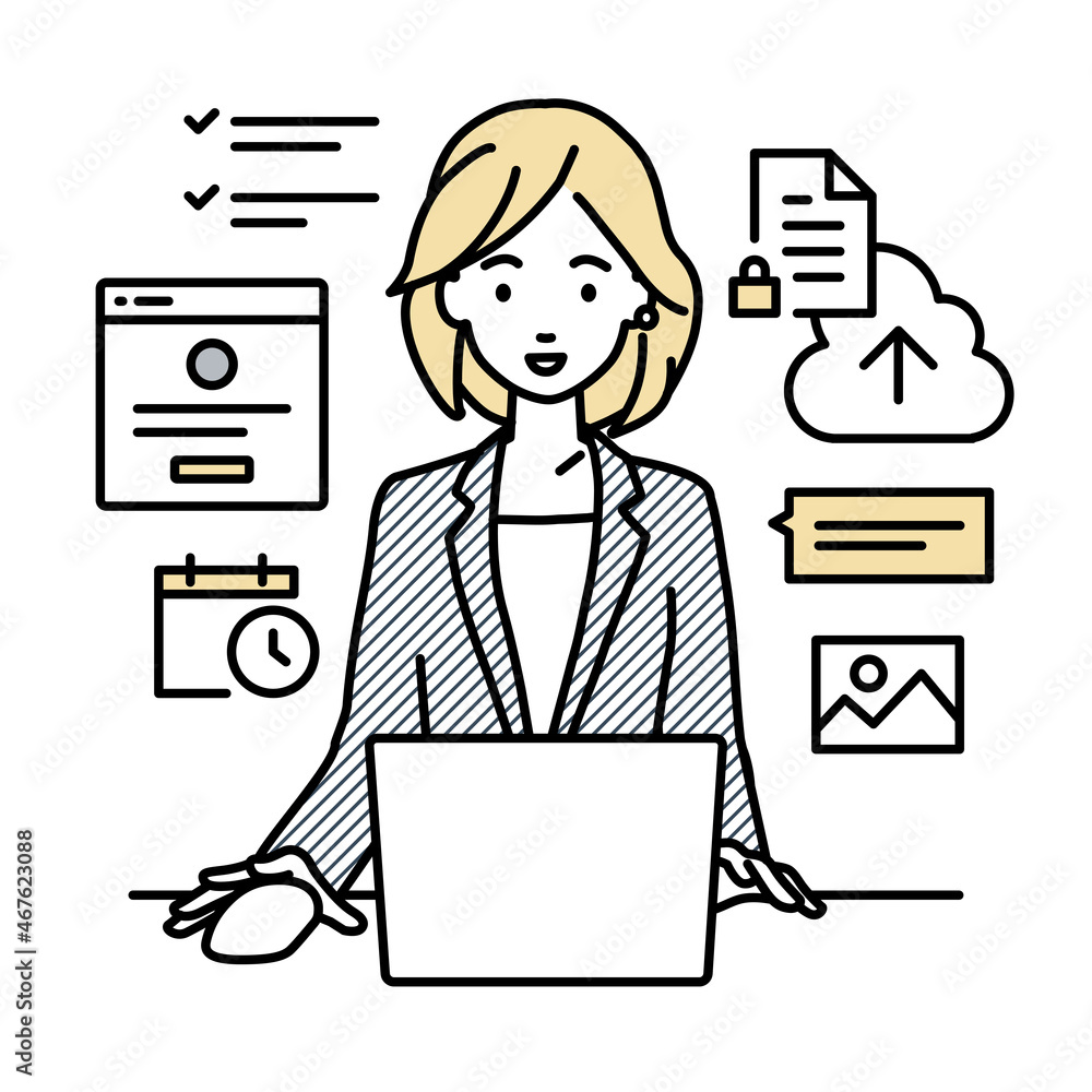 デスクで座ってPCでプロジェクトやタスクの管理の仕事をしているスーツの女性