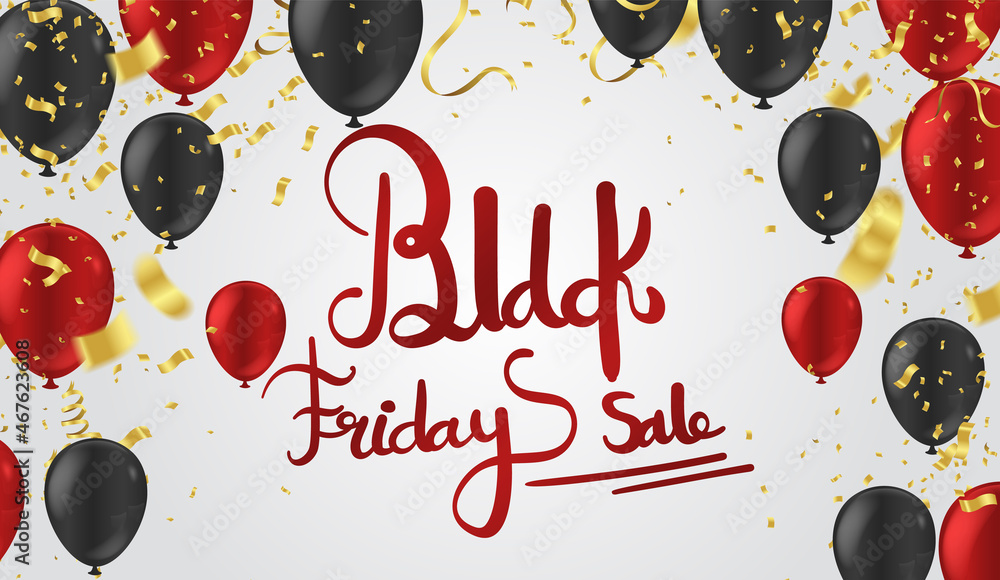 Obraz premium Handwritten black friday sale background with balloons and serpentine. Modern design.Universal vector background