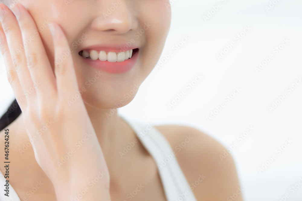 Closeup beautiful teeth of young asian woman with whitening, tooth and smile with fresh, dental and whitening, health and wellness, dentist and hygiene, expression with happy, mouth and lips.
