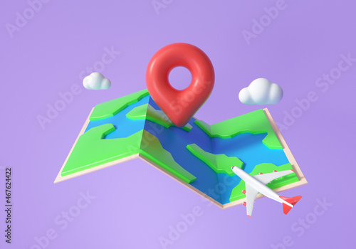 3D World Map icon with pin and airplane, travel concept. GPS navigator pin checking points. 3d render illustration