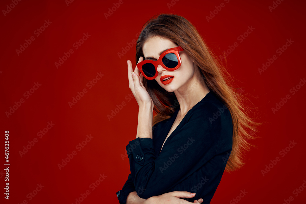 glamorous woman wearing sunglasses red lips posing close-up glamorous woman wearing sunglasses red lips posing close-up