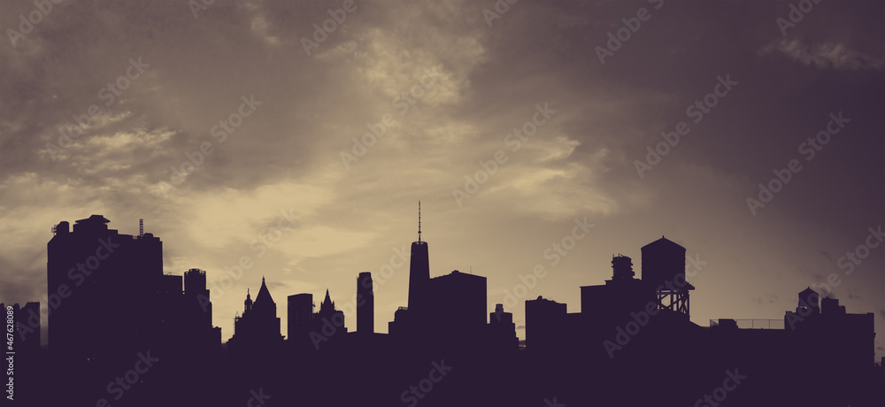 Buildings and skyscrapers of the downtown Manhattan skyline in New York City with vintage faded colors