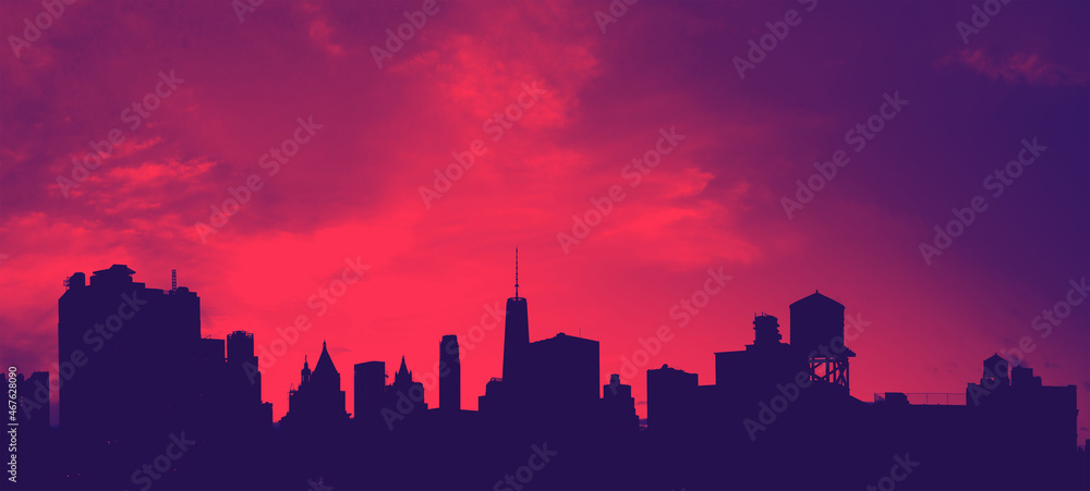 Buildings and skyscrapers of the downtown Manhattan skyline in New York City with red and blue colors