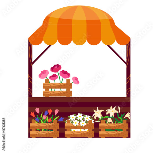 Flowers supermarket stall. Flowers wooden counter, grocery store organic. Plants local shop vector illustration. Farmer Selling Flowers, plants. Traditional market empty wooden food stalls with flags.