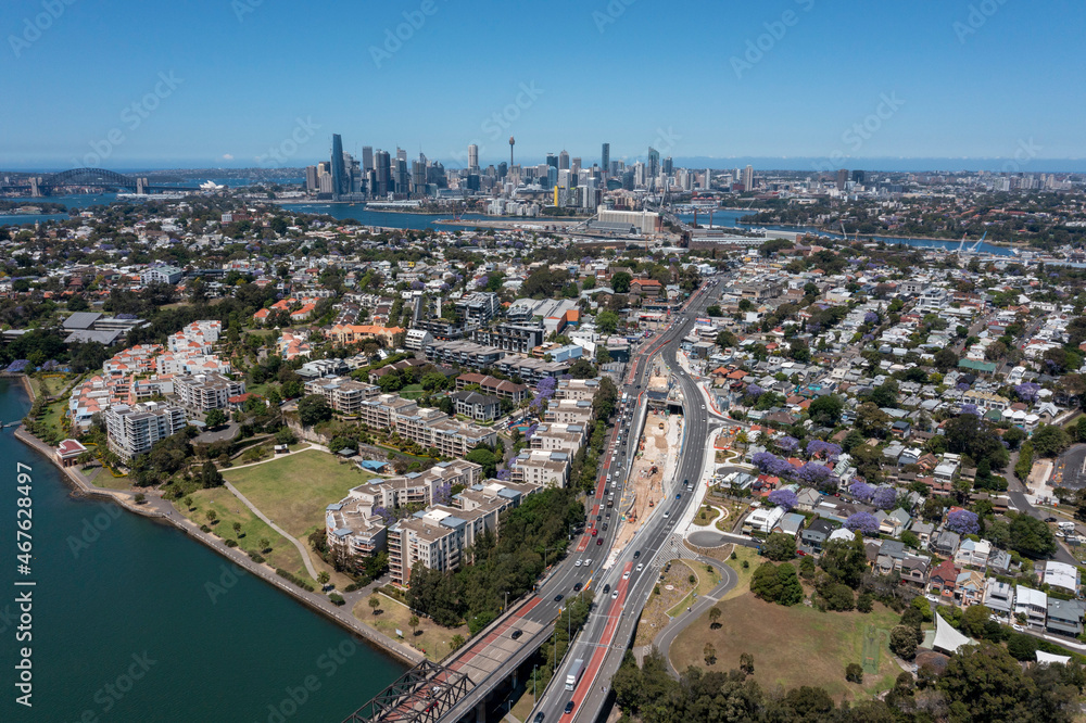 The Sydney suburb of Rozelle and Victoria road heading to the city.