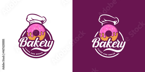 emblem badge stamp sticker bakery logo design with donut and chef hat photo