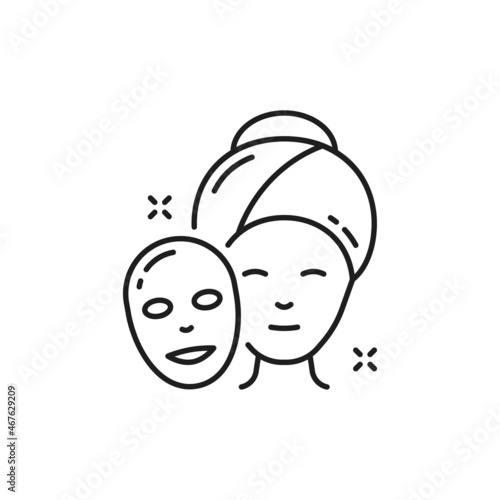 Facial sheet mask on woman face isolated outline icon. Vector skin care, acne protection, spa and health care thin line cosmetics products. Cleansing collagen moisture, lady girl and sheet facial mask