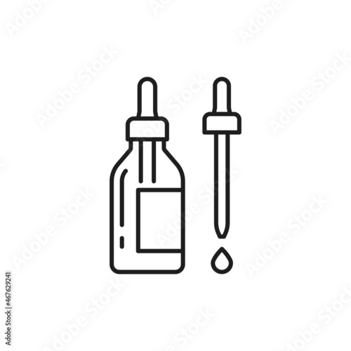 Collagen serum with dropper isolated outline icon. Vector thin line ads template, glass droplet bottle with essence oil, face skin care moisturizing anti aging cosmetics. Spa, beauty and health care