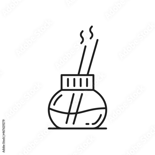 Burning stick in bottle isolated outline icon. Vector incense aroma joss sticks in clay vase, aromatic material releasing fragrant smoke when burned. Spa, aromatherapy, meditation, ceremony accessory