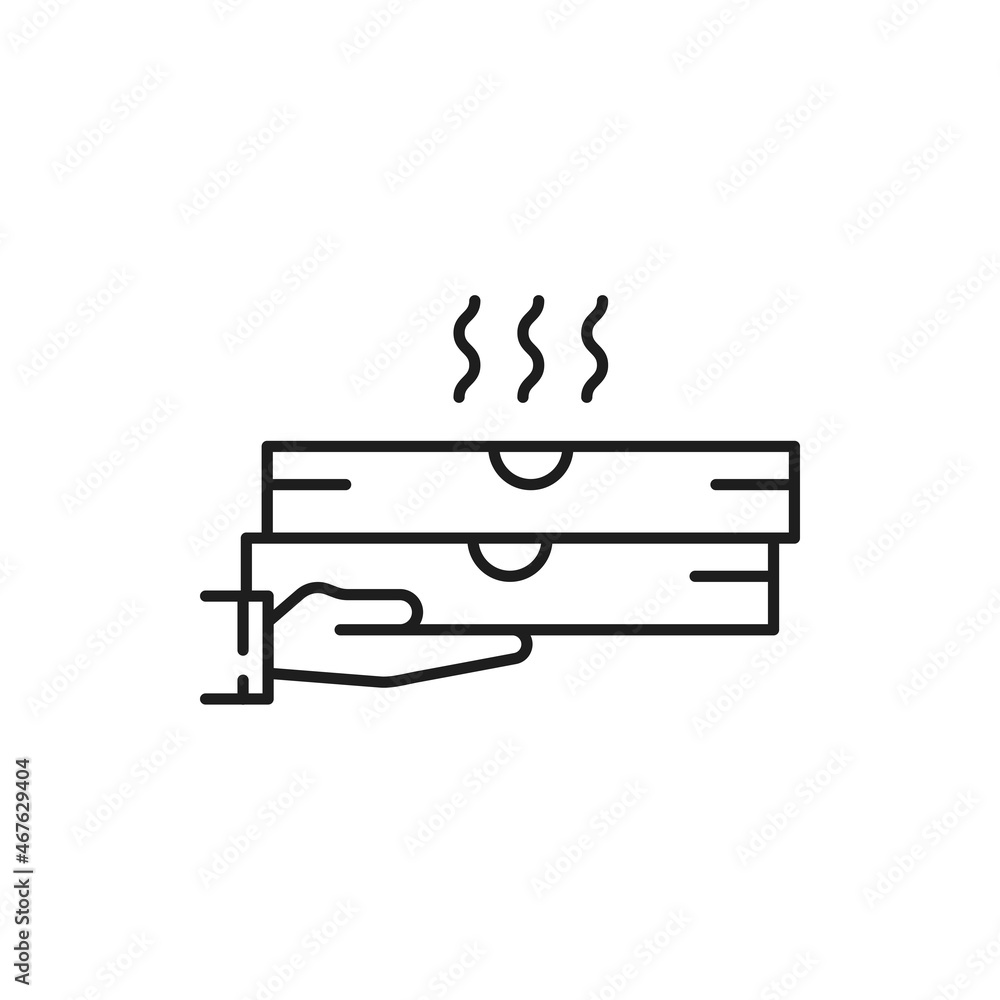 Pizza delivery icon, two boxes with hot snacks in man deliver hand isolated outline line art icon. Vector fast online order and shipping services, takeaway takeout meal, italian restaurant food Pizza delivery icon, two boxes with hot snacks in man deliver hand isolated outline line art icon. Vector fast online order and shipping services, takeaway takeout meal, italian restaurant food