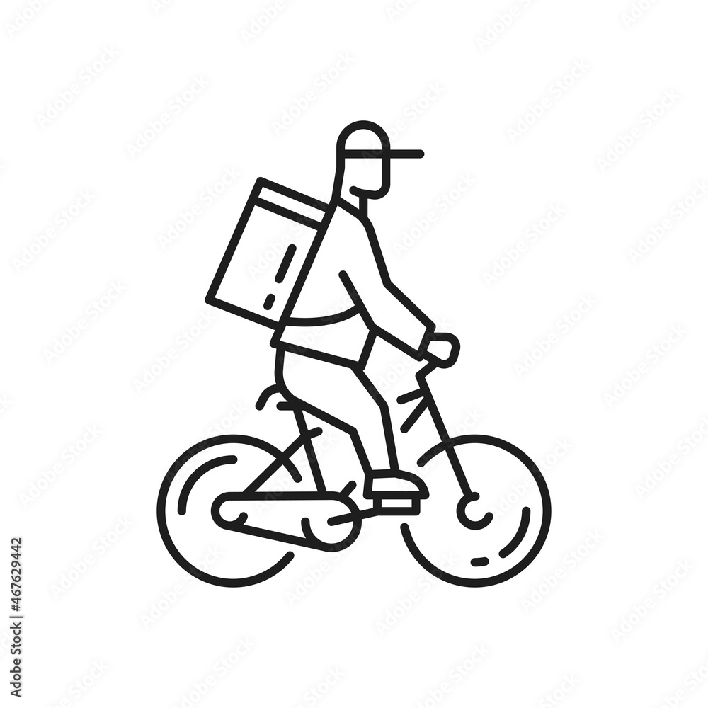 Food delivery bike isolated flat line art icon. Vector bicycle courier in cap and backpack package product box