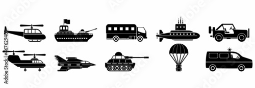military transportations icon set, military combat vehicle icon set vector sign symbol