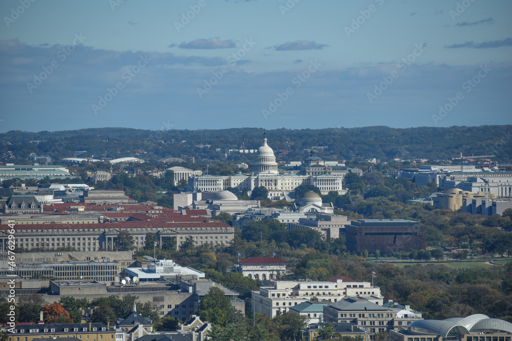 Washington, DC, USA - October 27, 2021: Aerial View of the U.S. Capitol Viewed from a Skyscraper in Arlington, Virginia, on a Bright, Clear Fall Day