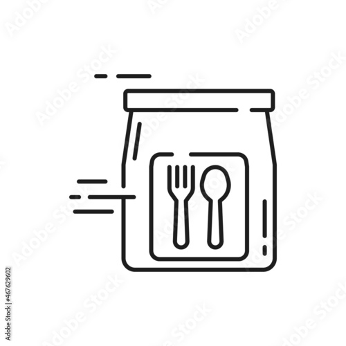 Express lunch delivery icon, bag with hot dinner with spoon and fork isolated outline line art icon. Vector cafe restaurant food deliver, fast online order and shipping services, takeaway takeout meal