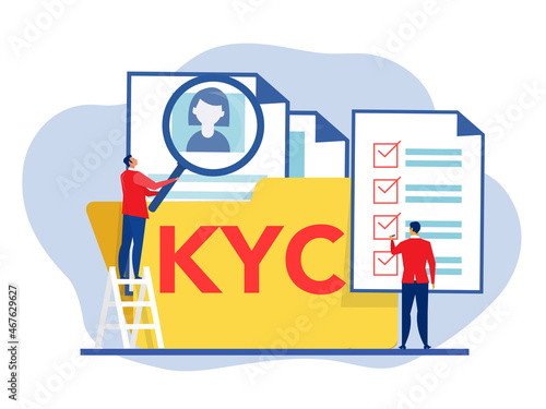 KYC or know your customer with business verifying the identity of its clients concept at the partners-to-be through a magnifying glass vector illustrator