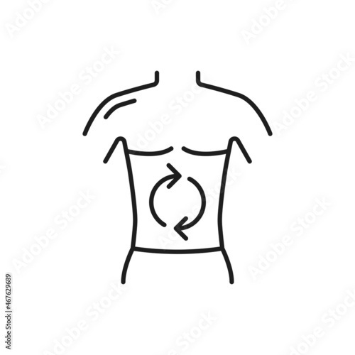 Man body with good digestion in human stomach isolated outline icon. Vector laxative system with rotating arrows gear box mechanics inside. Gastro medical drugs packaging label, healthcare concept