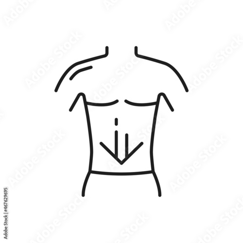 Healthy intestines, arrow pointing down of human body isolated thin line icon. Vector good digestion, healthcare. Cleanse process in digestive system diarrhea and gastric bacillus, bad microflora