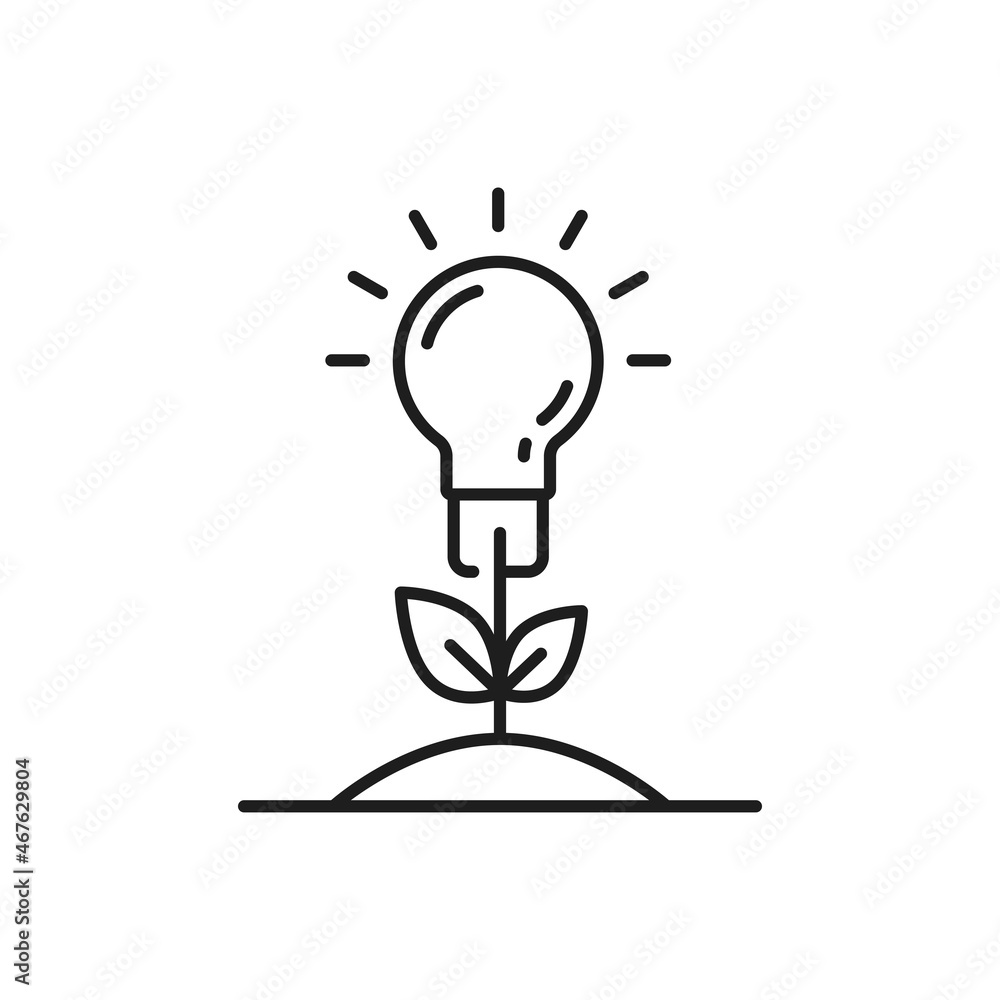 Green eco energy, bulb growing from plant gardened in Earth, eco friendly environment thin line icon. Vector renewable energy sources, lightbulb with leaves, eco friendly environment, pure planet Green eco energy, bulb growing from plant gardened in Earth, eco friendly environment thin line icon. Vector renewable energy sources, lightbulb with leaves, eco friendly environment, pure planet