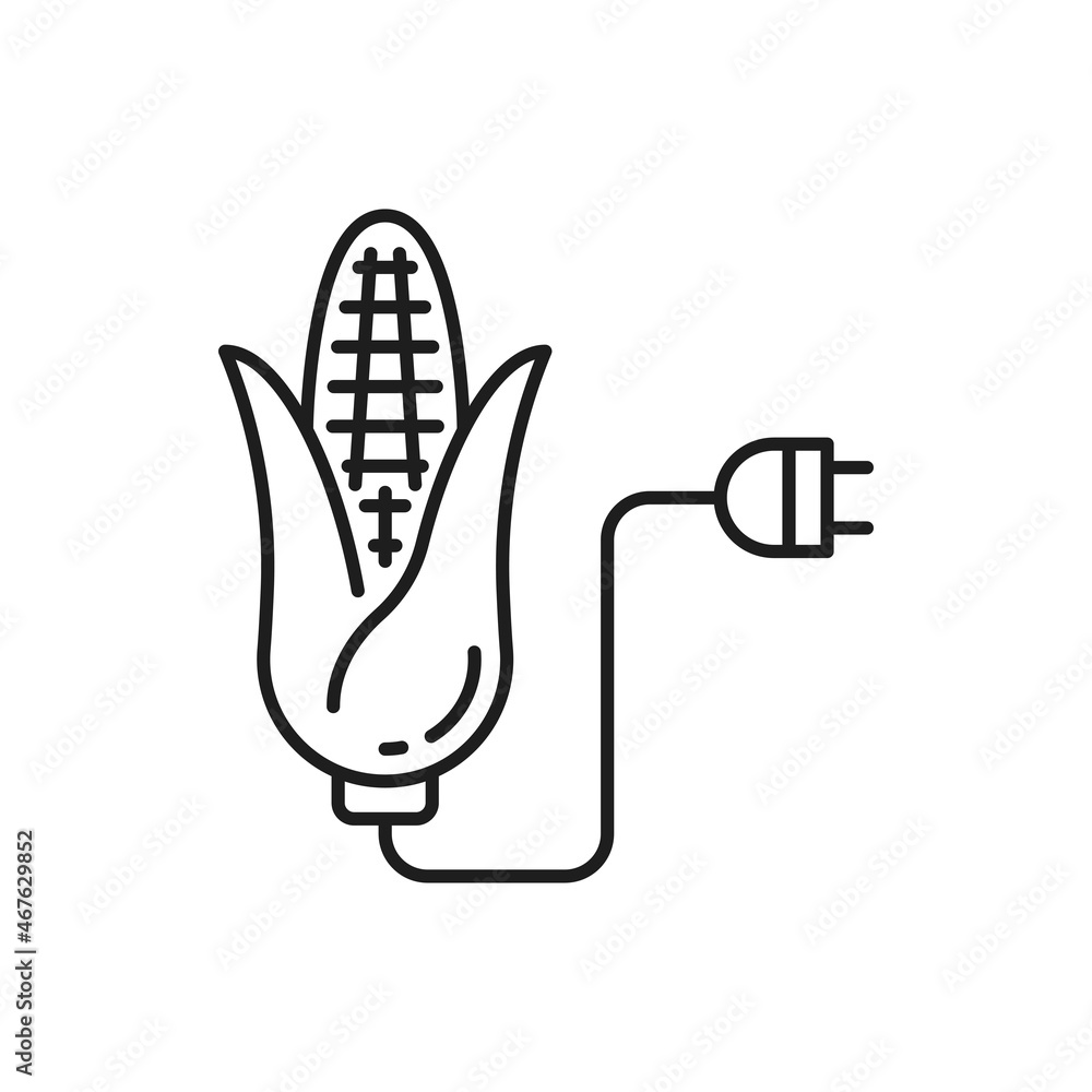 Biofuel biomass ethanol made of corn isolated thin line icon. Vector