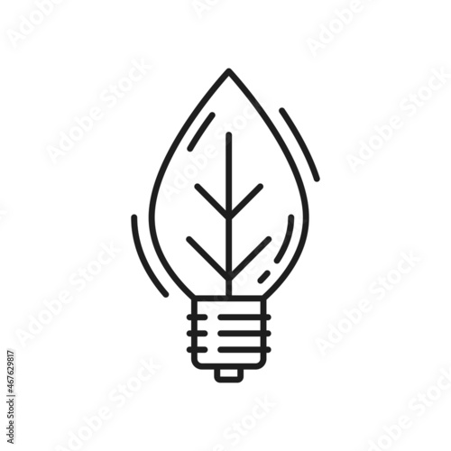 Green eco energy, bulb in shape of leaf, eco friendly environment thin line icon. Vector renewable energy source, lightbulb with leave, pure planet and save the Earth concept, renewable energy