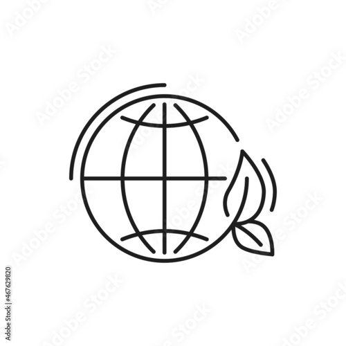 Green Earth planet isolated world ecology, nature global protect sign thin line icon. Vector eco environment, globe with leaves, outline icon. Eco power, globe protection, worldwide ecology