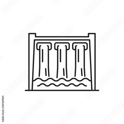 Water dam barrier energy serving technology isolated thin line icon. Vector irrigation, consumption water source, waterfall construction. Barrier stops or restricts flow of water underground streams
