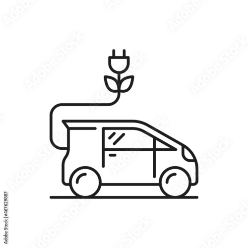 Green eco car with charge plug isolated hybrid vehicle thin line icon. Vector ecology and environment save transport, innovations and new technologies concept. Automobile on battery, electricity auto