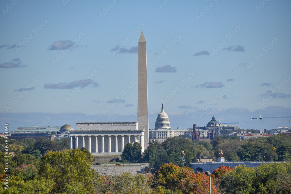 Washington, DC, USA - October 27, 2021: The Washington, DC Skyline from Arlington Ridge Park on a Clear Fall Afternoon With a View of the Capitol, the Washington Monument and the Lincoln Memorial