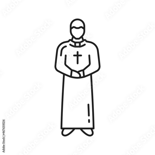 Portugal priest in robe and cross isolated man in long gown thin line icon. Vector religion man with cross, missionary clergyman, pastor in uniform outline sign. Portuguese Roman Catholic priest