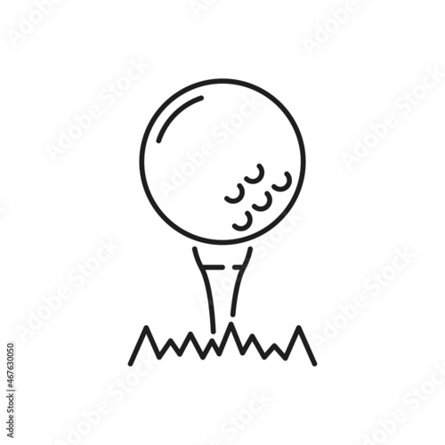 Golf ball on putter isolated thin line icon. Vector tee for teeing off in grass, sport equipment. Vector golfing hobby symbol, golfball on putter. Portugal golf tournament competition sign
