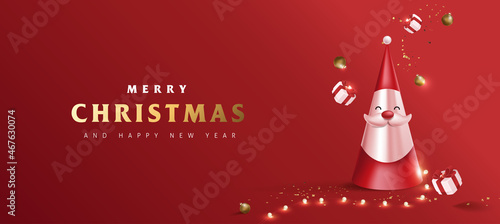 Merry Christmas banner decorate with santa claus and gift box fairy Light on red background