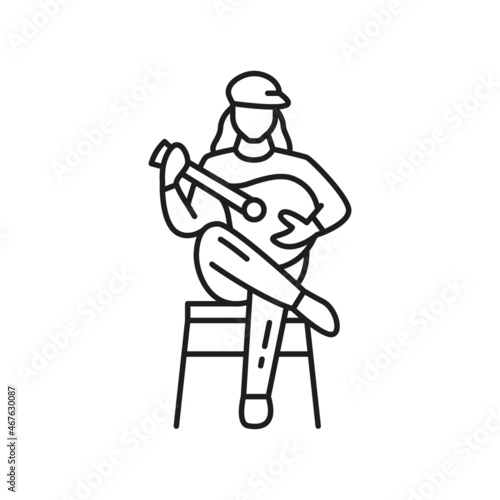 Classical Fado Portuguese music player isolated guitarist thin line icon. Vector Portugal singer with ukulele guitar sitting singing songs, traditional musical instrument, folk music playing character