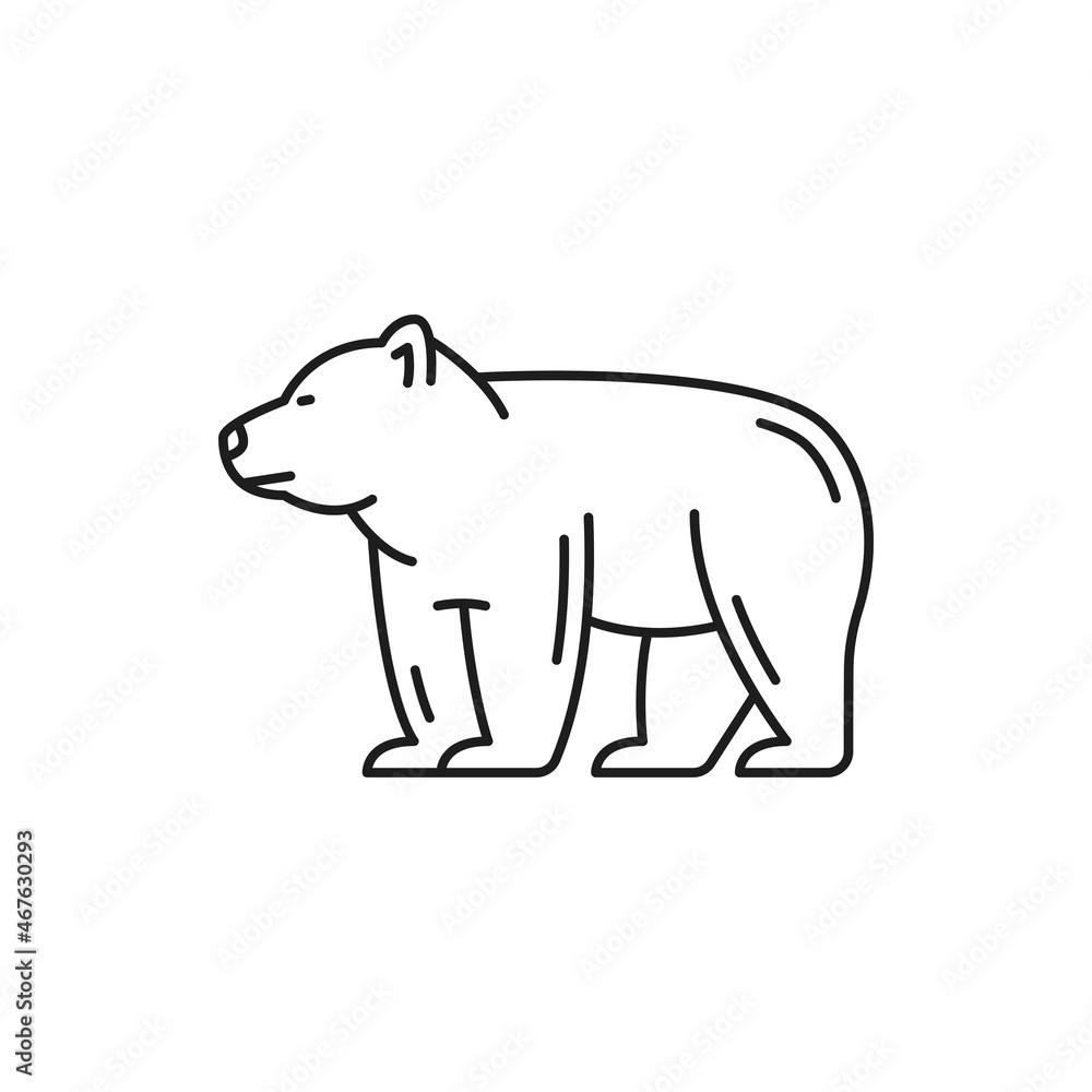 Obraz premium Bern bear isolated thin line icon. Vector side view of wildlife big beast, ursus predator. Wild animal standing on four paws, siberian or american bear. Berne city of Switzerland flag heraldic bear