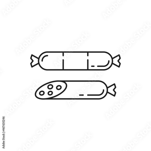 Frankfurter sausage isolated thin line icon. Vector barbeque food, pork with ham, beef or lamb. Whole bratwurst sausage from chicken or turkey, Swiss traditional food. Smoked cooked meat product