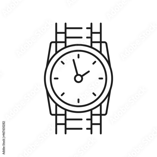 Swiss watch with silver or golden bracelet isolated thin line icon. Vector clock time measurement device. Face with arrows, pointers or hands, ornate watch on metal strap belt. Elegant man accessory
