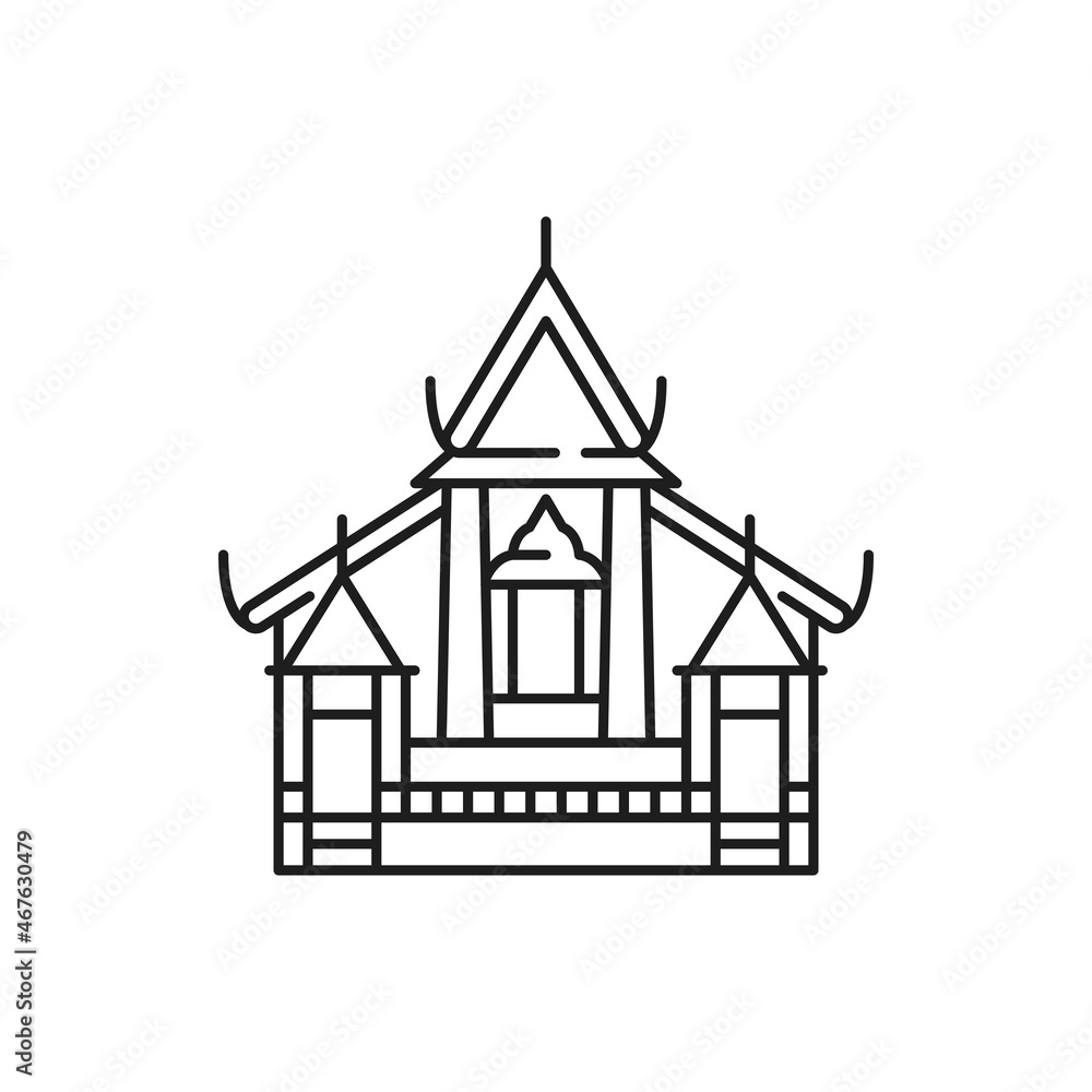 Thailand house isolated thin line icon. Vector outline landmark, palace building, Thai culture architecture. pagoda buddhism religion building, famous travel historical place, national home house Thailand house isolated thin line icon. Vector outline landmark, palace building, Thai culture architecture. pagoda buddhism religion building, famous travel historical place, national home house