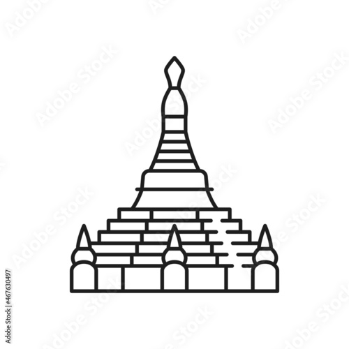 Buddhism religious symbol, stupa shrine isolated thin line icon. Vector enlightenment stupa of descent from Realm, reconciliation and victory temple. Buddhist worship and Hinduism Dharma religion sign