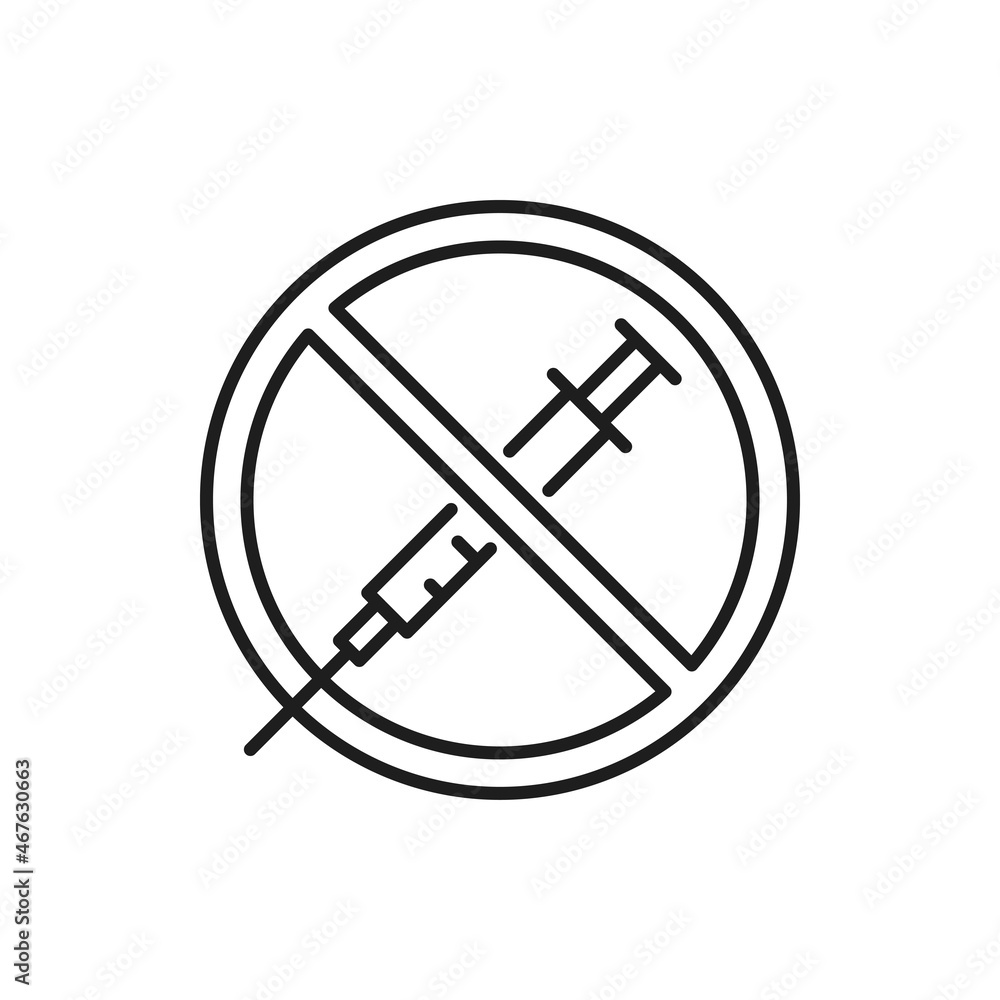 Anti vaccination, no vaccine, own healthy immune system isolated thin line icon. Vector syringe under forbidden sign. Anti-vaccination protest. Vaccine refusal. Rejecting preventive coronavirus covid Anti vaccination, no vaccine, own healthy immune system isolated thin line icon. Vector syringe under forbidden sign. Anti-vaccination protest. Vaccine refusal. Rejecting preventive coronavirus covid